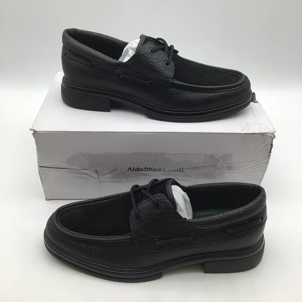 Aldo Seaexplorer Mens Black‎ Pebbled Leather Suede Boat Shoes Size 9.5 D NEW